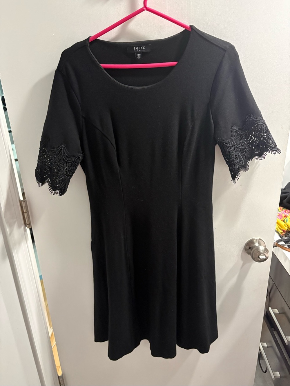 Isaac Mizrahi Black Short-Sleeve Fit & Flare Dress with Lace Trim